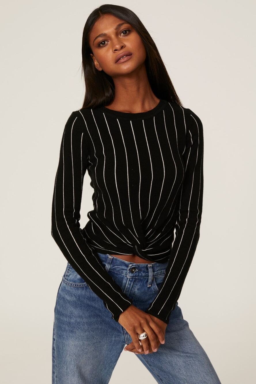 RTR Victor Glemaud Black White Striped Knotted Twist Front Crewneck Sweater Sz L